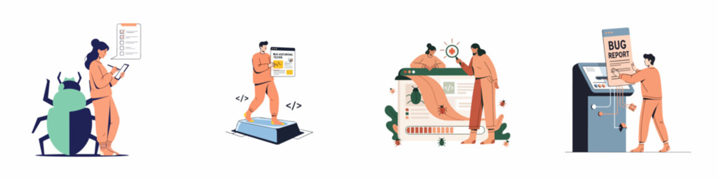Set of flat vector illustrations showing software quality assurance, bug tracking, manual testing, and bug reporting concepts in software development.