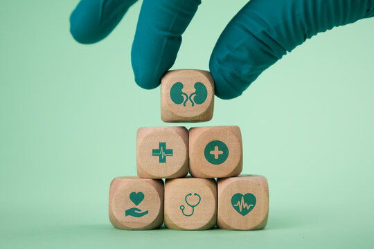 Concept of kidney cancer risk, nephron screening, and early detection awareness. A doctor's hand arranges wooden cubes with kidney icons. Green background.