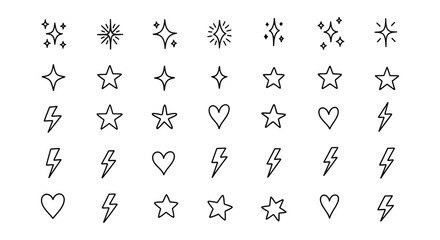 Fototapeta premium collection of hand-drawn outline icons with stars hearts and lightning bolts