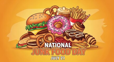 National junk food day with assorted fast food items on orange background