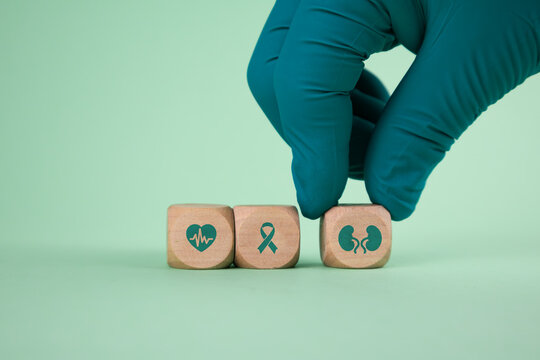 Concept of kidney health, glomerular filtration rate monitoring, and kidney cancer awareness. A doctor's hand arranges wooden cubes with kidney icons. Green background.
