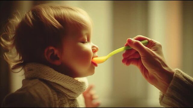 Parent feeding baby with spoon in warm natural light, nurturing childcare moment and family bonding concept with soft cozy atmosphere