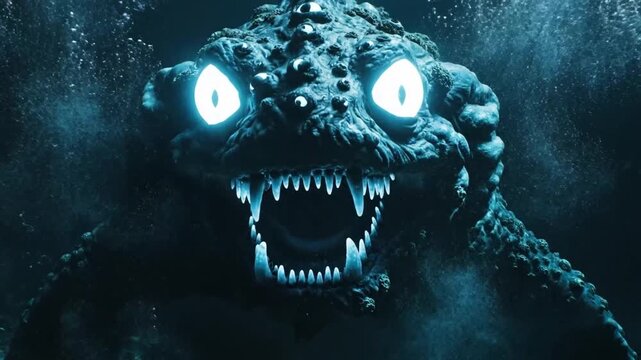 Mysterious and horrifying creature emerging from the dark abyss with glowing eyes and sharp teeth. The ancient reptilian alien slowly dissolves into underwater particles while roaring