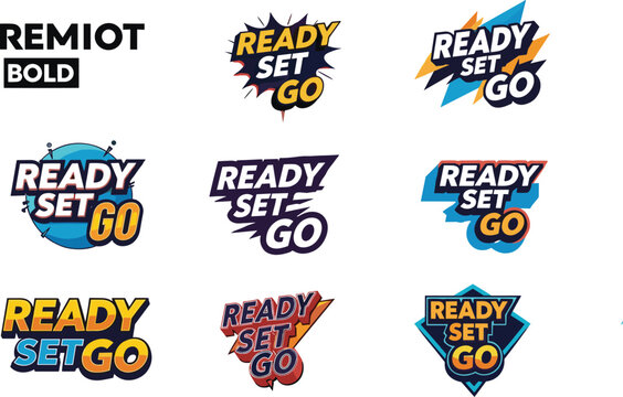 The image displays multiple variations of a colorful ready set go graphic showcasing different shapes and color schemes high quality professional detailed modern