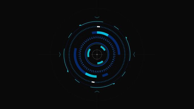 Holographic HUD circle telemetry rotates complex data layers for futuristic sci-fi digital dashboard displays and high-tech cinematic screen overlays.