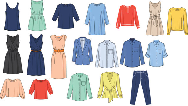 A collection of fashion illustrations displays various garments including dresses shirts blazers and pants in a flat lay arrangement high quality professional detailed