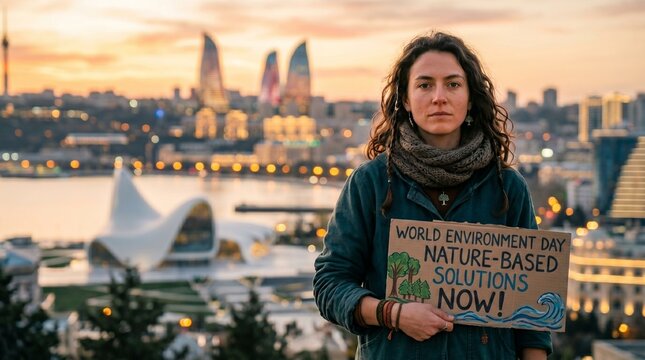 Young activist holding World Environment Day sign with cityscape background