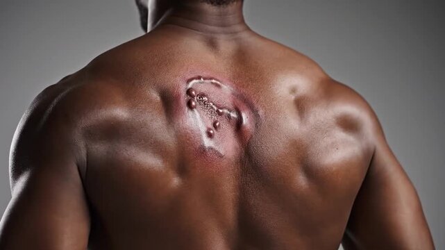 Scary alien parasite creature bursting from a muscular man's back in a horrific science fiction concept of body horror, showing a gory wound with pustules, infection, and alien life form