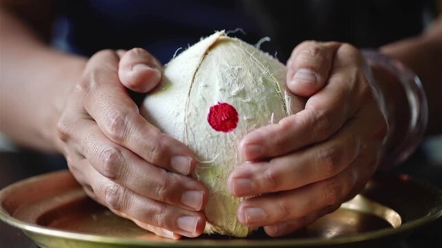 Hands holding a whole coconut with a red bindi, prepared for religious offering, cultural ritual, spiritual tradition