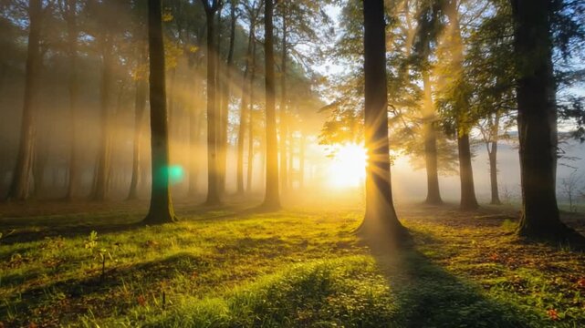 Sunlight breaking through misty forest with tall pine trees and golden morning glow in nature landscape