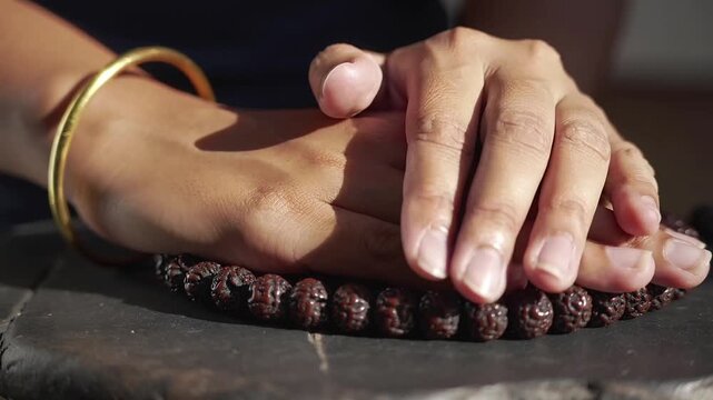 Hands of a person wearing a gold bracelet, holding prayer beads, sunlight highlighting skin texture and golden glitter