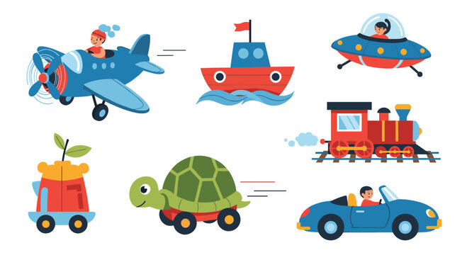 Fun collection of cartoon vehicles for kids includes airplane ship train and turtle on wheels for colorful nursery decor.