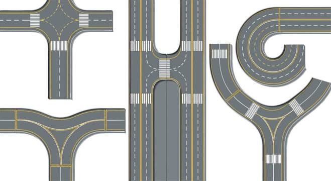 Illustrations of Road Intersections and Highway Designs Including T-Intersection, Y-Intersection, and Curved Roads for Urban Planning and Transportation Projects