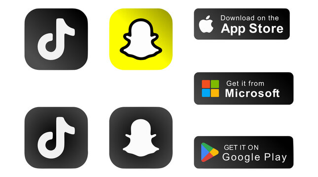  Social media logos in black circles and white squares, popular social media icons collection, vector button set 2026, App Store and Microsoft Store download app buttons. Social media logos vector. 
