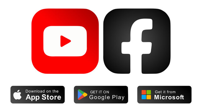 Popular social media logo icons set with Google Play, App Store and Microsoft Store download app buttons. Social media logos vector