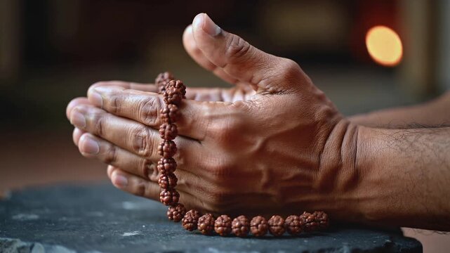 Person's hands clasped in prayer holding a mala prayer beads, spiritual meditation, focus on devotion and inner peace