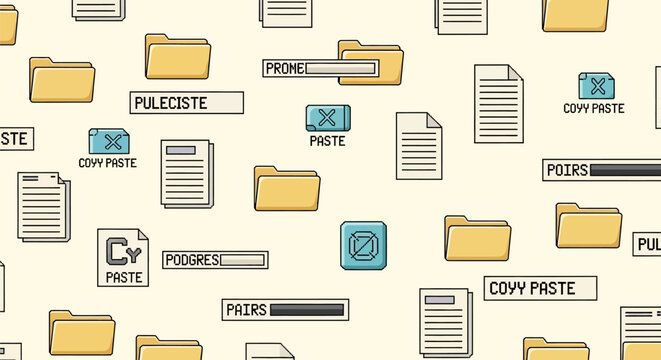 Colorful computer file icons with copy paste symbols on cream background representing digital document management and editing actions