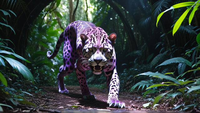 A pastel   elusive jaguar  moving with awkward charm in a stretching in sunlight, vibrant rainforest