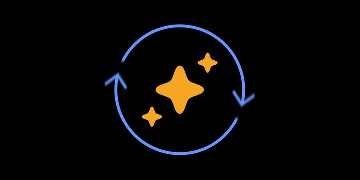 Circular arrow loop symbol. Retry action indicator with central sparkle pulse. AI reattempt process concept scene. Clean interface element detail.