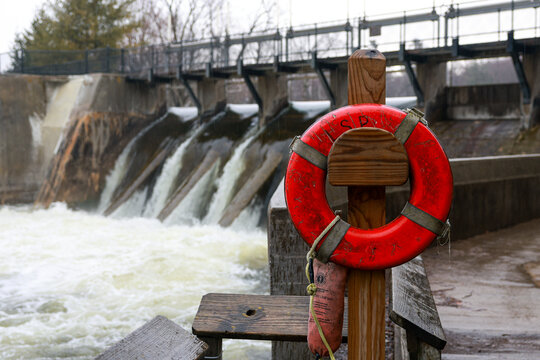 Hydroelectric dam, outfall With life preserver hanging nearby. 