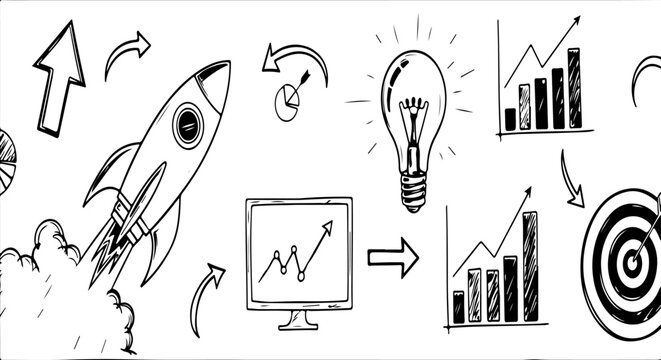 hand drawn sketch of a rocket launch idea growth charts and target business startup concept