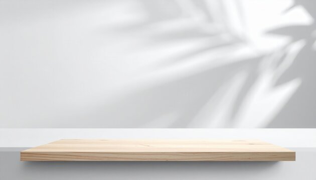 Prateleira de madeira vazia em uma parede branca com sombras de folhas de palmeira, ideal para exibi&ccedil;&atilde;o de produtos ou como fundo minimalista.