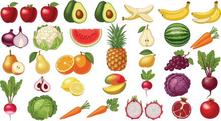 Colorful fresh fruits and vegetables vector set isolated on white background healthy organic food collection flat illustration pack © MdJillur
