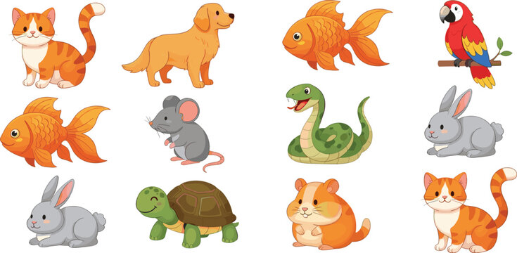 Cute pet and animal collection with cat dog fish parrot rabbit turtle snake and hamster, colorful cartoon character set isolated on white background