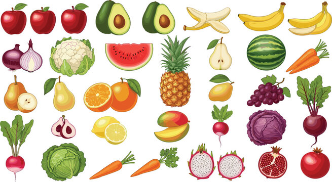 Colorful fresh fruits and vegetables vector set isolated on white background healthy organic food collection flat illustration pack