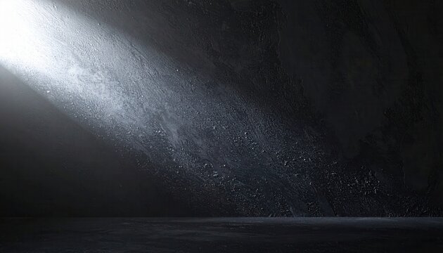 Rayon de soleil divin &eacute;clairant un mur de b&eacute;ton textur&eacute; dans l'obscurit&eacute; totale, concept de l'espoir, de la r&eacute;v&eacute;lation et du design minimaliste.