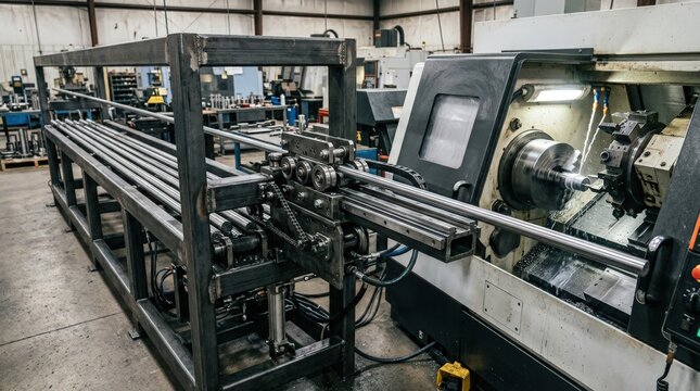 Openframe automatic bar feeder operating at a CNC lathe highlighting mechanical components and long bars feeding process for enhanced production efficiency.