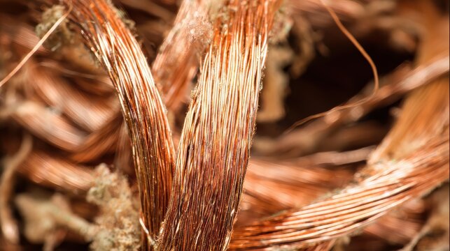 Macro of a thick copper wire bundle being stripped, shiny metallic strands, electrical engineering texture