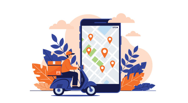 Delivery driver on a blue scooter in front of a giant smartphone showing a map with multiple location pins and decorative leaves in background.