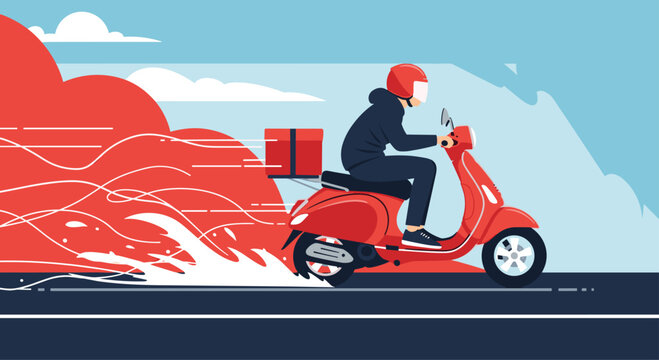 Fast delivery courier on a red scooter moving at high speed with motion lines and smoke behind him representing extremely quick service.
