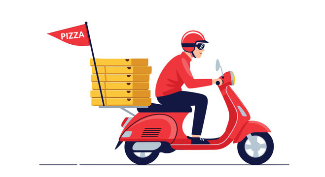 Courier wearing a helmet and red outfit riding a red motor scooter with a stack of pizza boxes and a pizza flag on the back for food delivery.