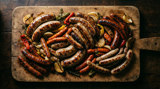 Assortment of Grilled Sausages With Roasted Vegetables on a Rustic Wooden Board