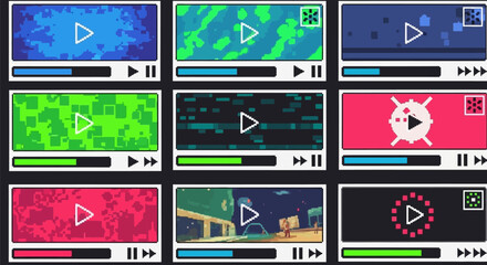 Fototapeta premium Multicolored video player interface with play buttons and progress bars on a dark background