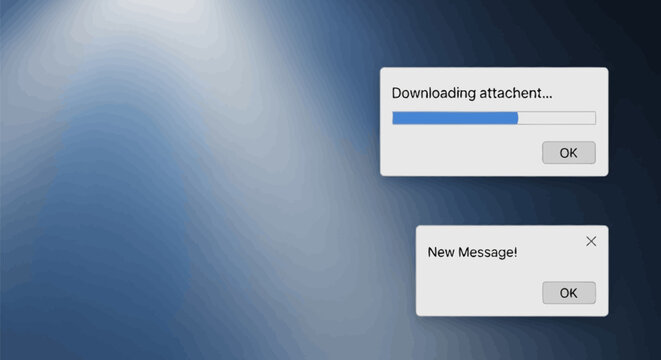 Computer screen displays pop up windows for downloading attachment and new message notification on a blue background