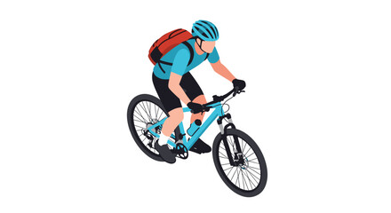 Obraz premium Male cyclist in professional gear is seen riding a blue mountain bike with a red backpack in an isometric view.