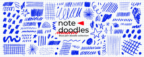 Naklejka na ściany i meble Blue ball pen scribble, squiggle and note doodle collection. Hand drawn blue pen grids, straight strokes, squiggly underlines, and star shapes. Notebook and journal doodle scribble for school design.