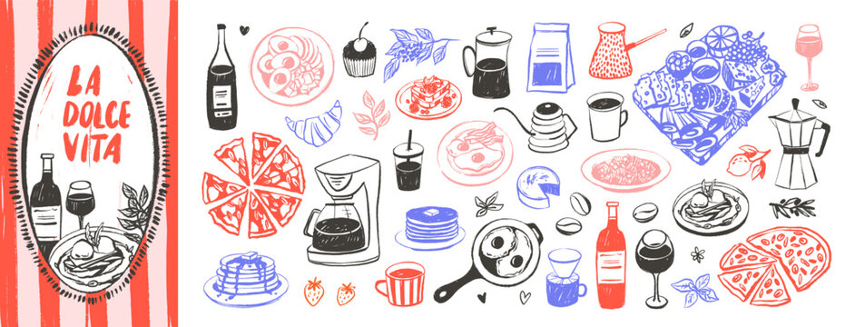 Doodle sketch mediterranean Italian brunch ink illustration set. Hand drawn whimsical isolated png clipart. Hand drawn Italian pizza and pasta, coffee, wine and eggs for breakfast. Retro ink clipart.