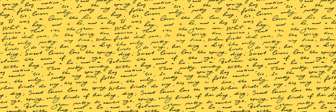 Cursive script text seamless pattern on bright yellow background. Handwriting pen cursive poem background. Vintage colorful old paper scribble text with script calligraphy illegible words.