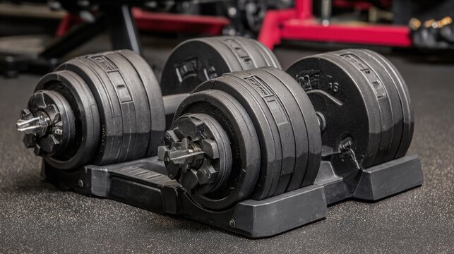Adjustable dumbbell set for strength training in a gym environment