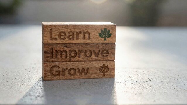 Wooden block puzzle with inspiring words Learn, Improve, Grow