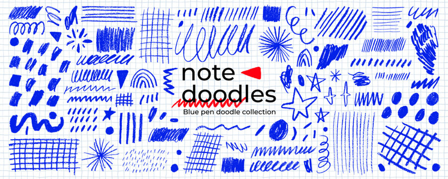 Blue ball pen scribble, squiggle and note doodle collection. Hand drawn blue pen grids, straight strokes, squiggly underlines, and star shapes. Notebook and journal doodle scribble for school design.