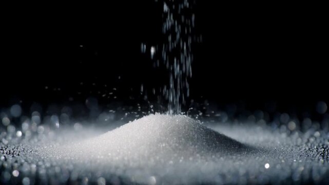 Macro of Sparkling Crystal Sugar Particles Falling Like Snow in Dark Void