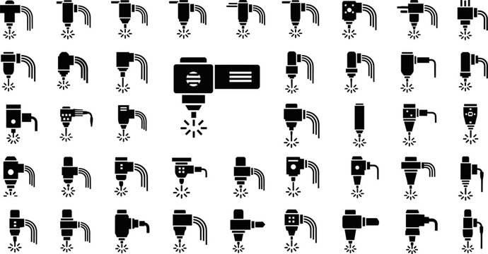 Set of industrial laser cutting machine head silhouettes, CNC plasma cutter nozzles, robotic metal engraving tools, and fiber laser welding equipment icons for manufacturing, 2026.