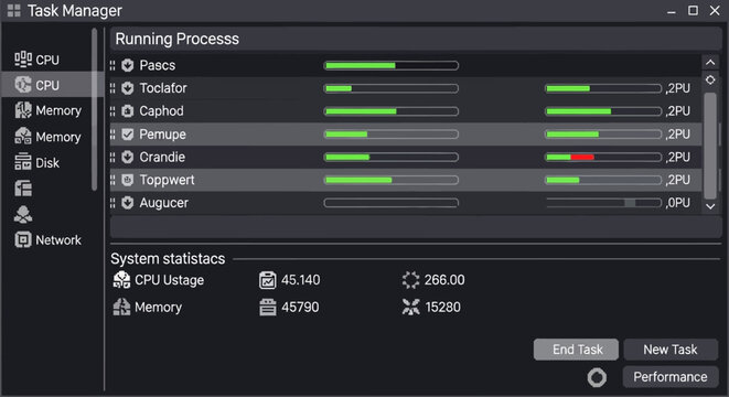 Computer task manager window with system statistics and running processes
