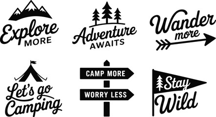 Fototapeta premium Black and White Adventure and Camping Typography Graphics Set Keywords: adventure, explore, wander, camping, outdoors, nature