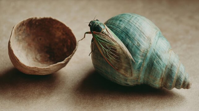 Adult Cicada Resting Beside Molting Shell on Earthy Surface